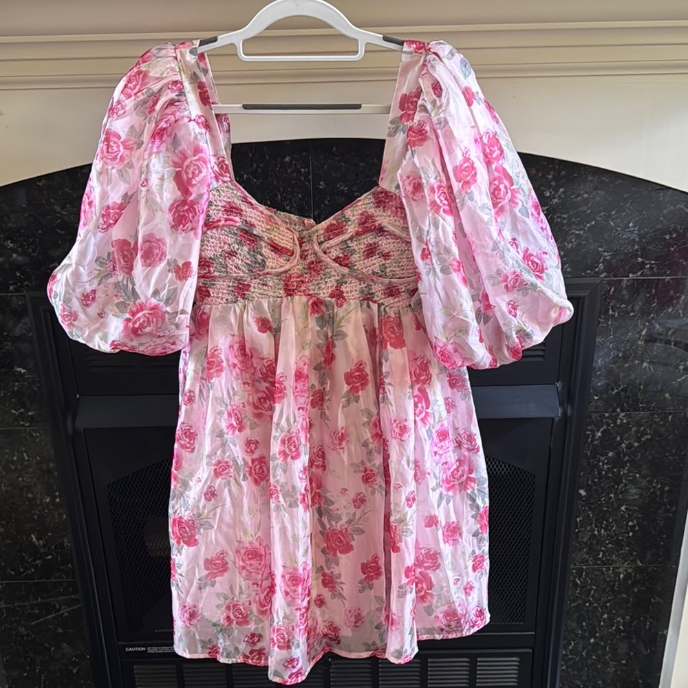 Floral Pink Dress with Puff Sleeves